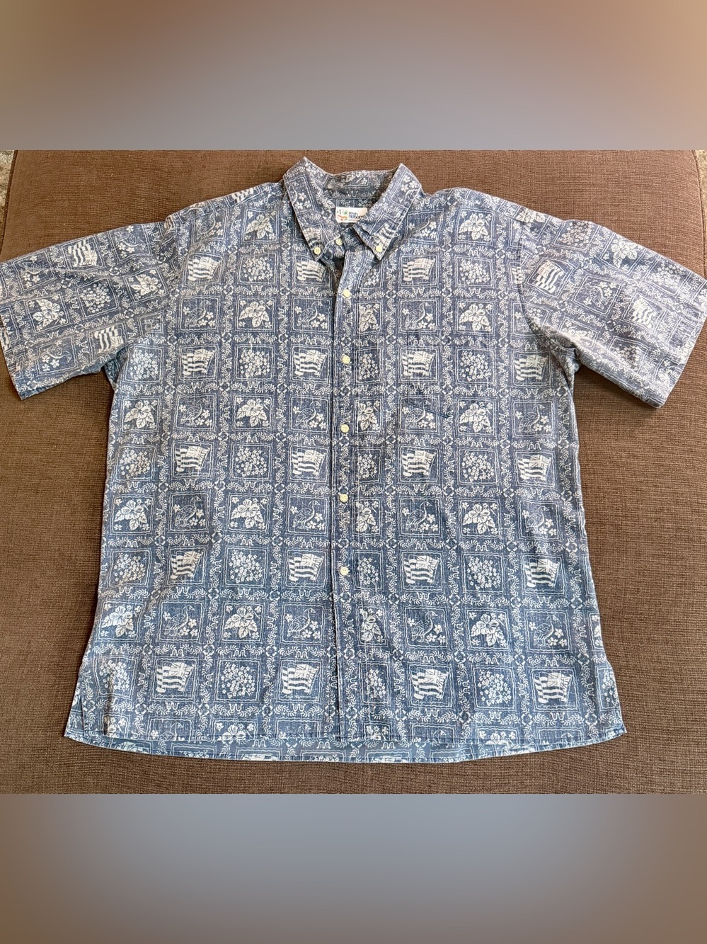 reyn spooner Blue Button-Up Shirt with Beige Tropical Print XXL